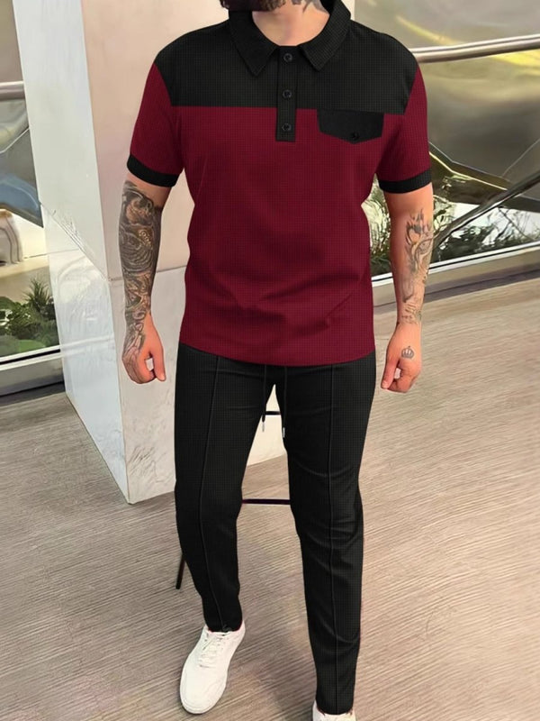 Men’s Full Size Waffle - Knit Contrast Top and Pants Set Plus Size - Diverse Creations & CompanyTwo - piece short sleeveshirt and shortsBurgundy