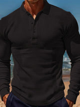 Men's Full Size Waffle - Knit Quarter Button Polo Plus Size - Diverse Creations & CompanyPolo Long sleeve shirtBlack
