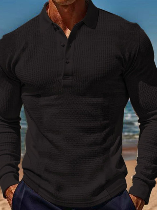 Men's Full Size Waffle - Knit Quarter Button Polo Plus Size - Diverse Creations & CompanyPolo Long sleeve shirtBlack