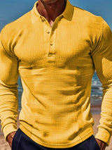 Men's Full Size Waffle - Knit Quarter Button Polo Plus Size - Diverse Creations & CompanyPolo Long sleeve shirtGold