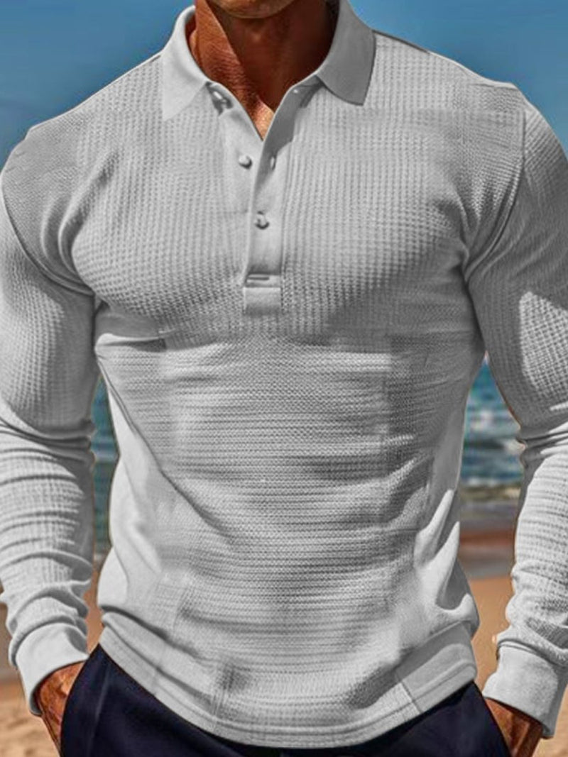 Men's Full Size Waffle - Knit Quarter Button Polo Plus Size - Diverse Creations & CompanyPolo Long sleeve shirtGray