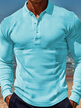 Men's Full Size Waffle - Knit Quarter Button Polo Plus Size - Diverse Creations & CompanyPolo Long sleeve shirtPastel Blue
