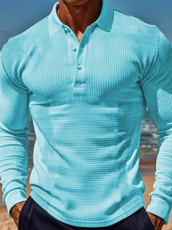 Men's Full Size Waffle - Knit Quarter Button Polo Plus Size - Diverse Creations & CompanyPolo Long sleeve shirtPastel Blue