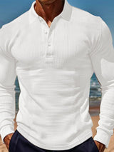 Men's Full Size Waffle - Knit Quarter Button Polo Plus Size - Diverse Creations & CompanyPolo Long sleeve shirtWhite