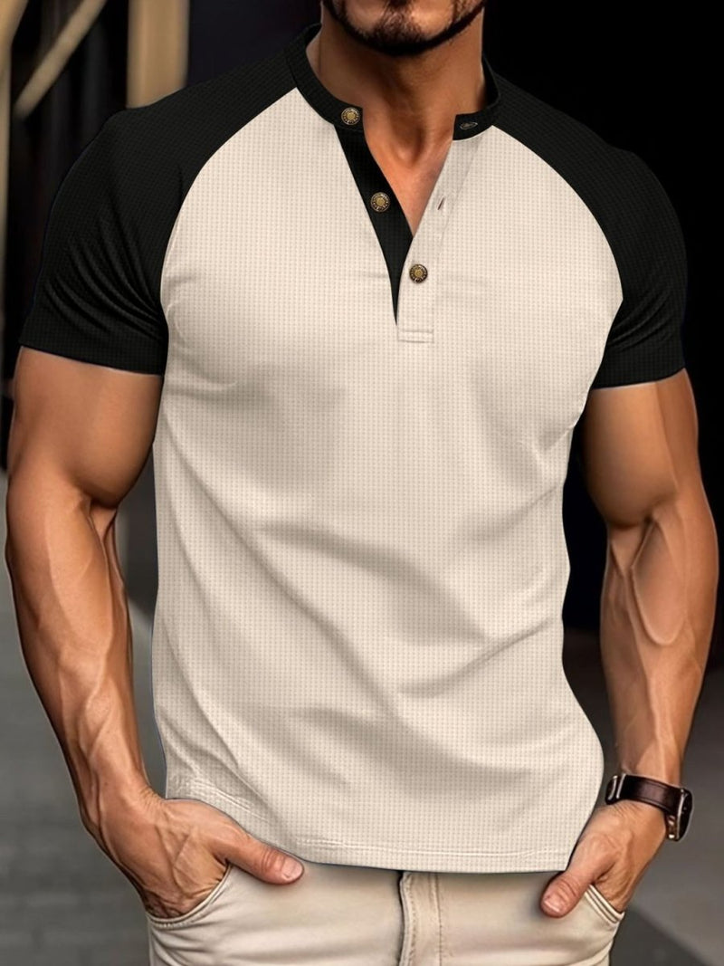 Men's Full Size Waffle - Knit Round Neck Contrast Polo - Diverse Creations & CompanyPolo shirtBeige