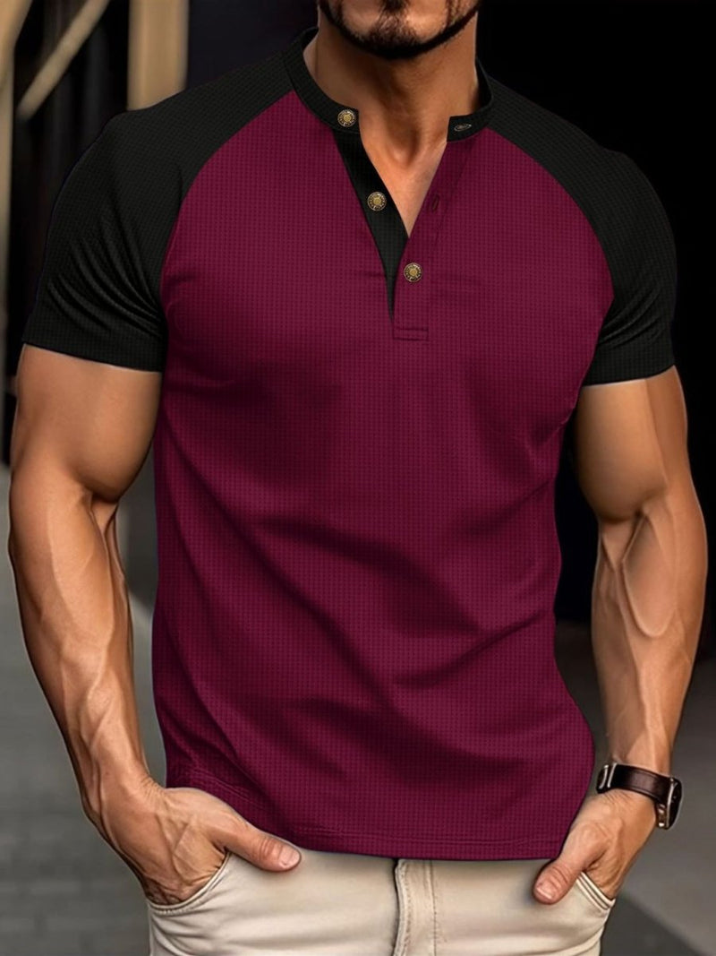 Men's Full Size Waffle - Knit Round Neck Contrast Polo - Diverse Creations & CompanyPolo shirtBurgundy