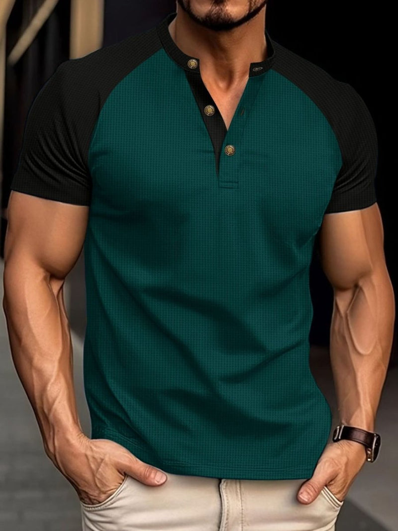 Men's Full Size Waffle - Knit Round Neck Contrast Polo - Diverse Creations & CompanyPolo shirtDark Green