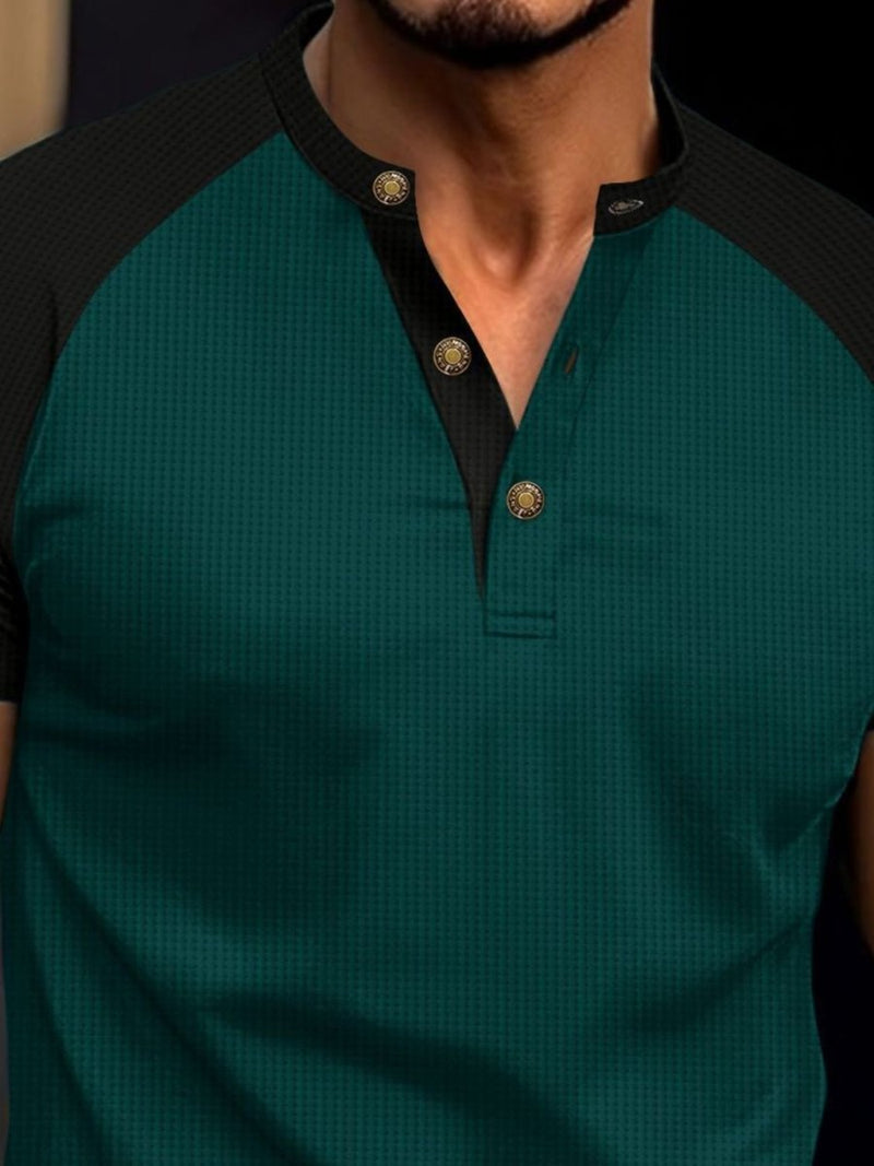 Men's Full Size Waffle - Knit Round Neck Contrast Polo - Diverse Creations & CompanyPolo shirtDark Green