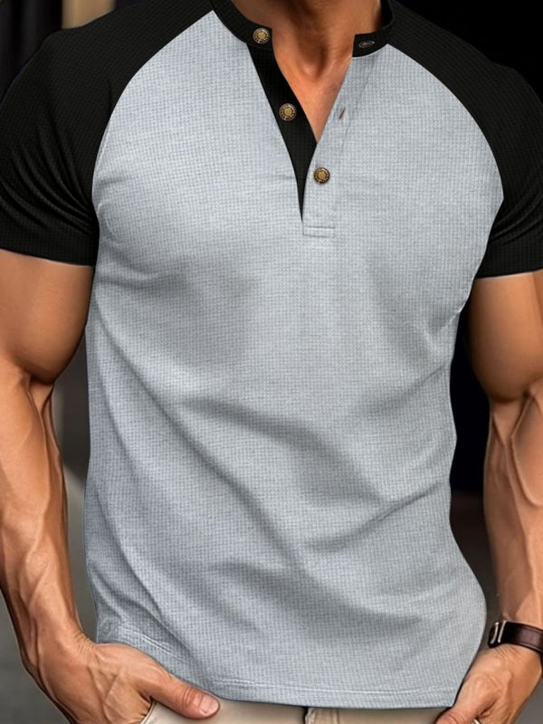 Men's Full Size Waffle - Knit Round Neck Contrast Polo - Diverse Creations & CompanyPolo shirtGray