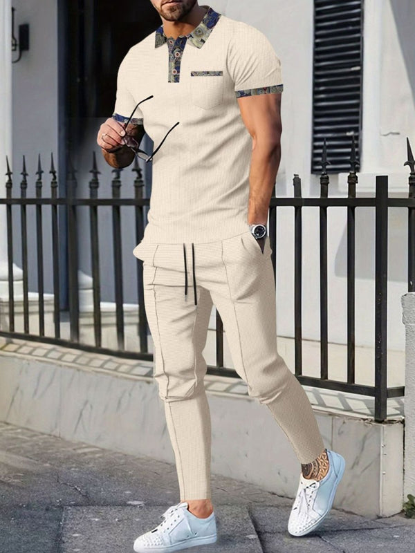 Men's Full Size Waffle Knit Short Sleeve Polo and Pants Set Plus Size - Diverse Creations & CompanyTwo - piece short sleeveshirt and shortsBeige