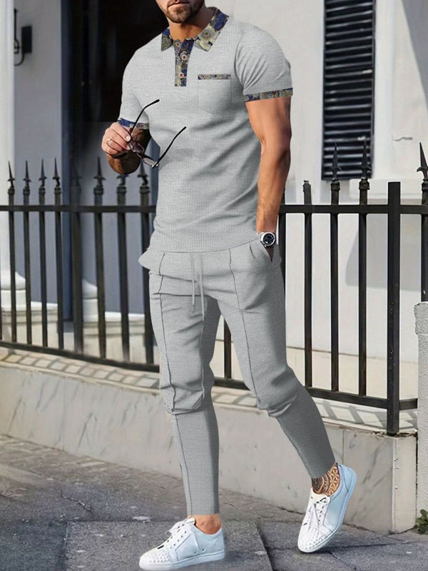 Men's Full Size Waffle Knit Short Sleeve Polo and Pants Set Plus Size - Diverse Creations & CompanyTwo - piece short sleeveshirt and shortsGray