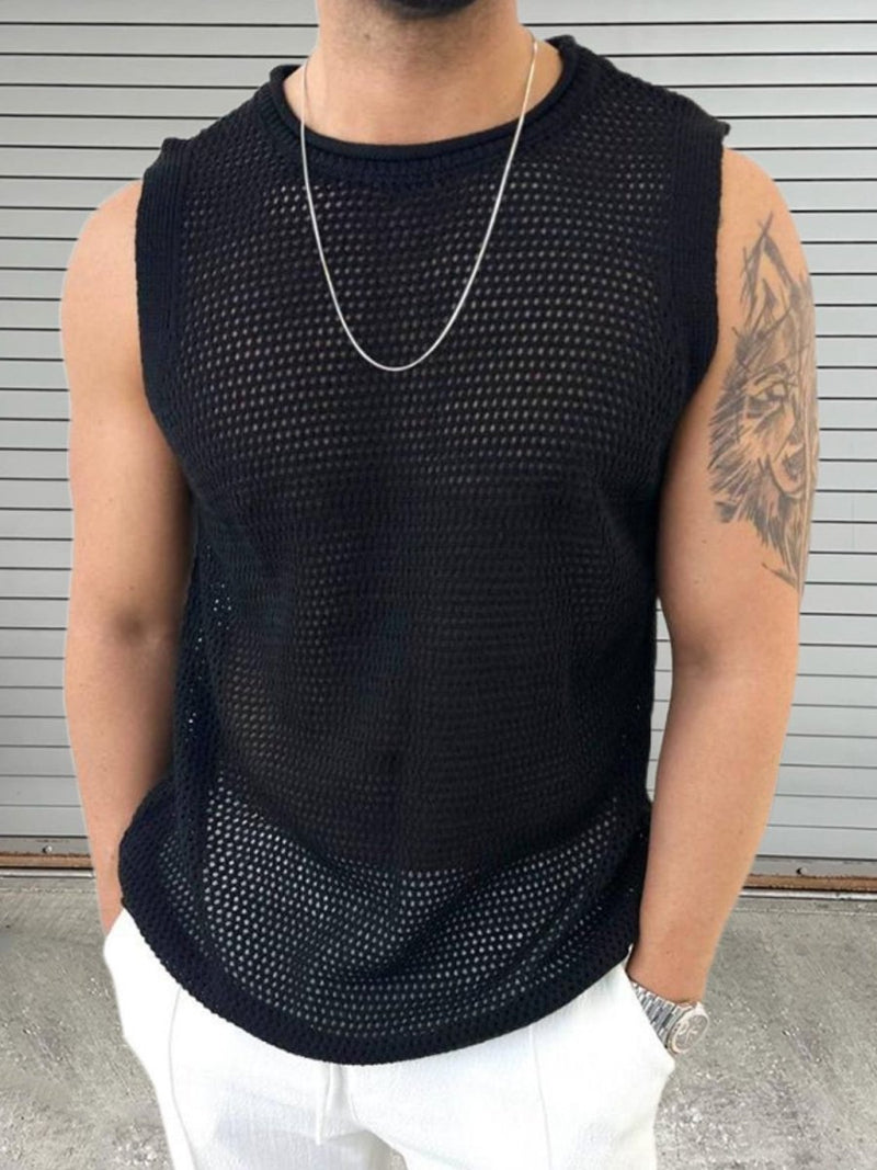 Men's Openwork Round Neck Sleeveless Knit Top - Diverse Creations & CompanySleeveless shirtBlack