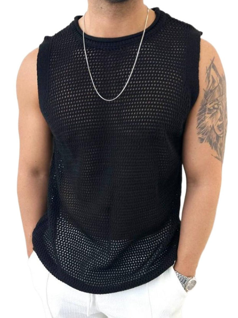 Men's Openwork Round Neck Sleeveless Knit Top - Diverse Creations & CompanySleeveless shirtBlack