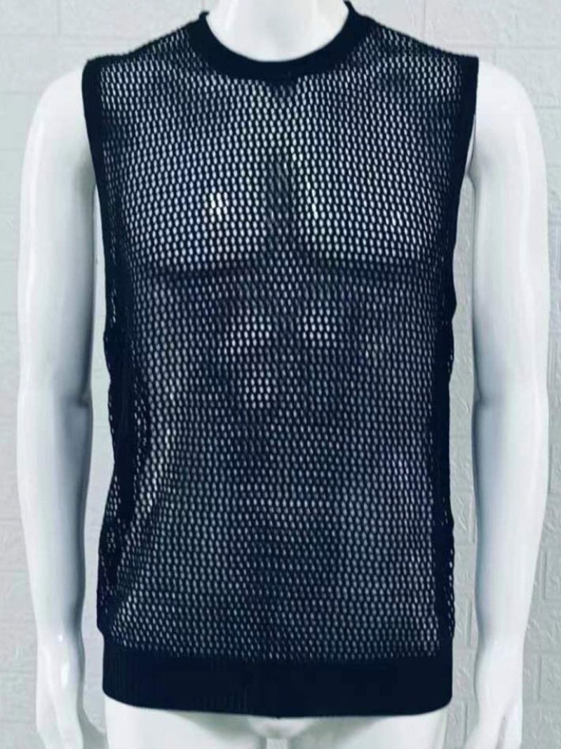 Men's Openwork Round Neck Sleeveless Knit Top - Diverse Creations & CompanySleeveless shirtBlack