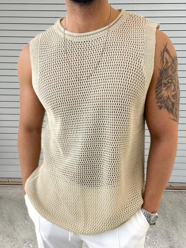 Men's Openwork Round Neck Sleeveless Knit Top - Diverse Creations & CompanySleeveless shirtKhaki