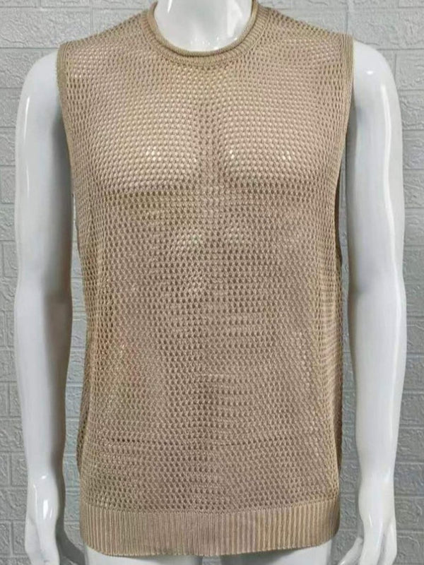 Men's Openwork Round Neck Sleeveless Knit Top - Diverse Creations & CompanySleeveless shirtKhaki