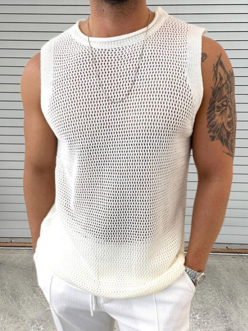 Men's Openwork Round Neck Sleeveless Knit Top - Diverse Creations & CompanySleeveless shirtWhite