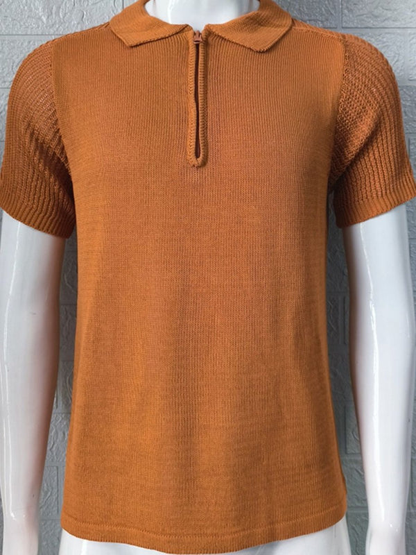 Men's Quarter Zip Knit Polo – Collared Neck, Stretch Fit, Casual Style - Diverse Creations & CompanyPolo shirtCaramel