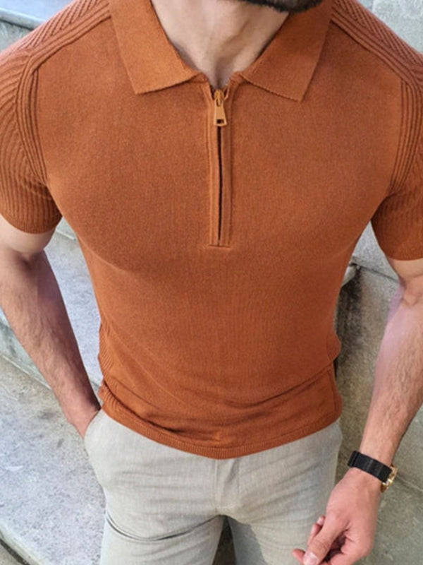Men's Quarter Zip Knit Polo – Collared Neck, Stretch Fit, Casual Style - Diverse Creations & CompanyPolo shirtCaramel