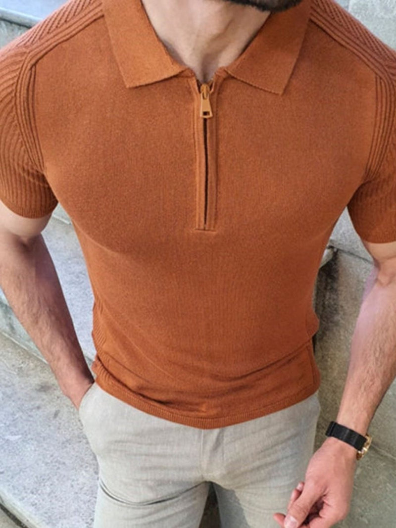 Men's Quarter Zip Knit Polo – Collared Neck, Stretch Fit, Casual Style - Diverse Creations & CompanyPolo shirtCaramel