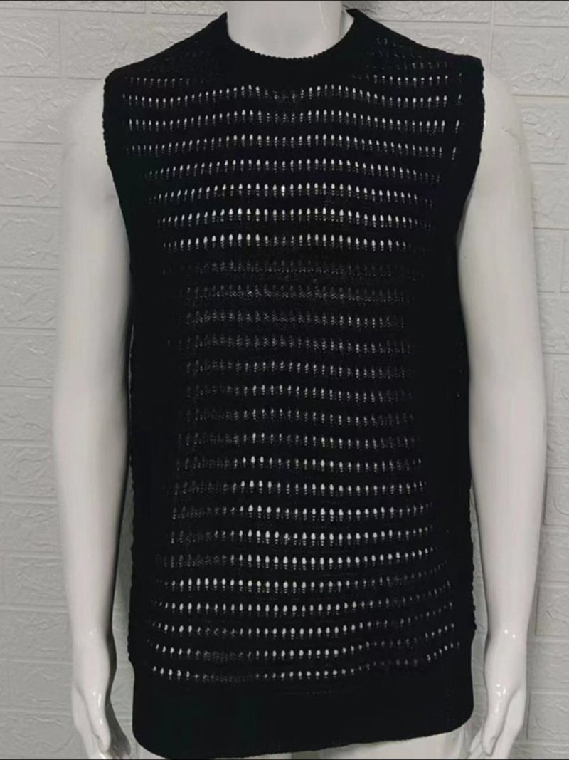 Men's Round Neck Hollow Out Sleeveless Knit Top - Diverse Creations & CompanySleeveless shirtBlack