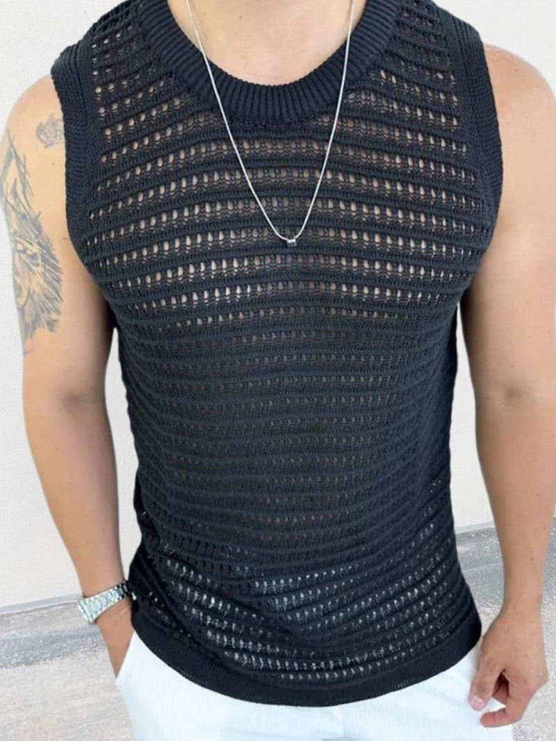Men's Round Neck Hollow Out Sleeveless Knit Top - Diverse Creations & CompanySleeveless shirtBlack
