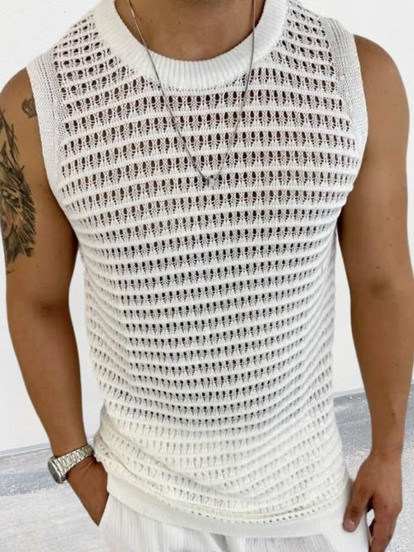 Men's Round Neck Hollow Out Sleeveless Knit Top - Diverse Creations & CompanySleeveless shirtIvory