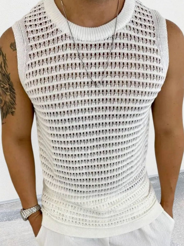 Men's Round Neck Hollow Out Sleeveless Knit Top - Diverse Creations & CompanySleeveless shirtIvory