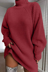 Mock Neck Dropped Shoulder Sweater Dress - Diverse Creations & Companysweater dressDeep Red