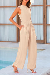 Mock Neck Sleeveless Wide Leg Jumpsuit - Diverse Creations & CompanyMock Neck Sleeveless Wide Leg JumpsuitTan