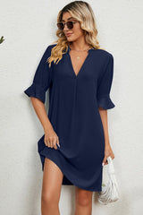 Notched Flounce Sleeve Mini Dress - Diverse Creations & CompanyNotched Flounce Sleeve Mini DressDark Blue