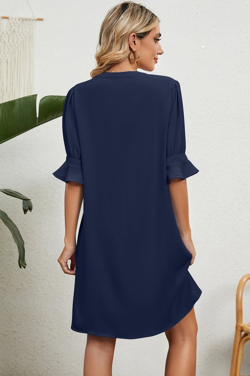 Notched Flounce Sleeve Mini Dress - Diverse Creations & CompanyNotched Flounce Sleeve Mini DressDark Blue