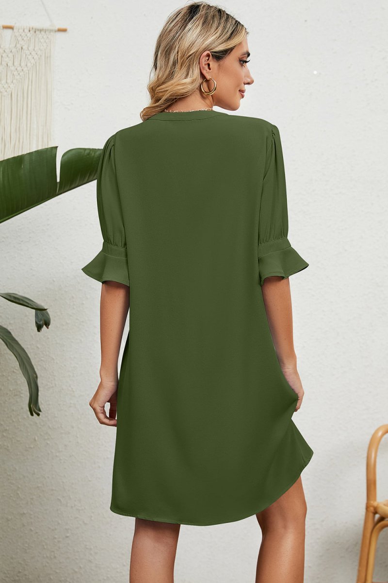 Notched Flounce Sleeve Mini Dress - Diverse Creations & CompanyNotched Flounce Sleeve Mini DressMatch Green