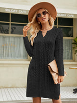Notched Neck Cable - Knit Slit Sweater Dress - Diverse Creations & CompanyLong Sleeve Sweater DressBlack