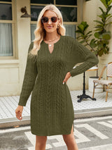 Notched Neck Cable - Knit Slit Sweater Dress - Diverse Creations & CompanyLong Sleeve Sweater DressMatcha Green