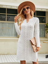 Notched Neck Cable - Knit Slit Sweater Dress - Diverse Creations & CompanyLong Sleeve Sweater DressWhite