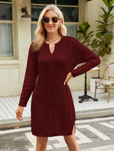 Notched Neck Cable - Knit Slit Sweater Dress - Diverse Creations & CompanyLong Sleeve Sweater DressWine