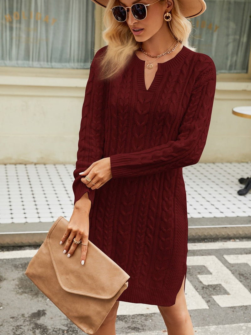 Notched Neck Cable - Knit Slit Sweater Dress - Diverse Creations & CompanyLong Sleeve Sweater DressWine