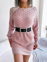 Openwork Boat Neck Sweater Dress - Diverse Creations & CompanyLong Sleeve Sweater DressDusty Pink
