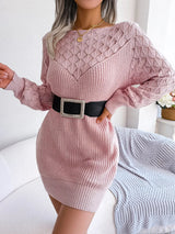 Openwork Boat Neck Sweater Dress - Diverse Creations & CompanyLong Sleeve Sweater DressDusty Pink