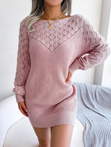 Openwork Boat Neck Sweater Dress - Diverse Creations & CompanyLong Sleeve Sweater DressDusty Pink