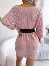 Openwork Boat Neck Sweater Dress - Diverse Creations & CompanyLong Sleeve Sweater DressDusty Pink