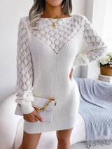 Openwork Boat Neck Sweater Dress - Diverse Creations & CompanyLong Sleeve Sweater DressWhite