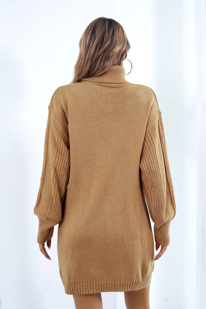 Openwork Turtleneck Long Sleeve Sweater Dress - Diverse Creations & CompanyTurtlereck Sweater DressCamel