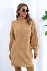 Openwork Turtleneck Long Sleeve Sweater Dress - Diverse Creations & CompanyTurtlereck Sweater DressCamel