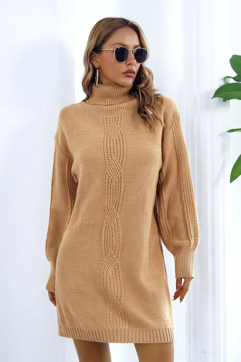 Openwork Turtleneck Long Sleeve Sweater Dress - Diverse Creations & CompanyTurtlereck Sweater DressCamel