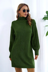 Openwork Turtleneck Long Sleeve Sweater Dress - Diverse Creations & CompanyTurtlereck Sweater DressGreen