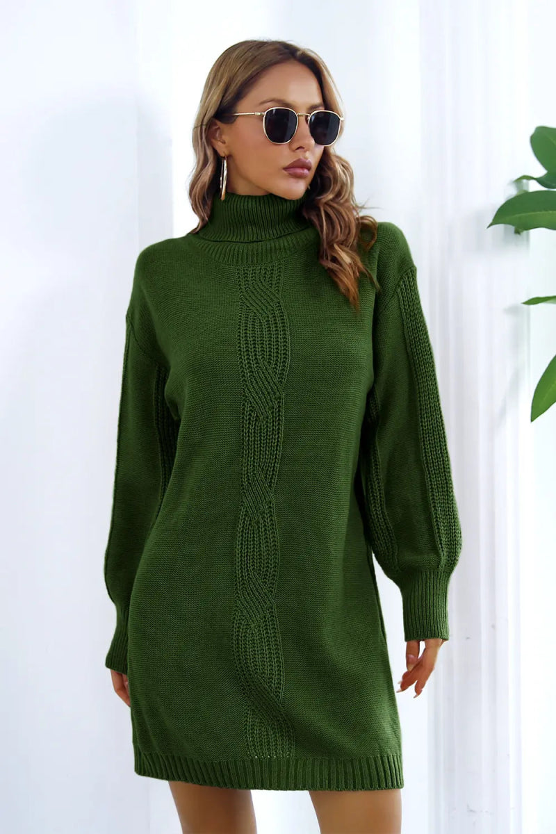 Openwork Turtleneck Long Sleeve Sweater Dress - Diverse Creations & CompanyTurtlereck Sweater DressGreen
