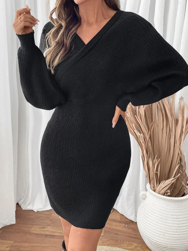 Perfee Surplice Long Sleeve Sweater Dress - Diverse Creations & Companysweater dressBlack
