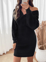 Perfee Surplice Long Sleeve Sweater Dress - Diverse Creations & Companysweater dressBlack